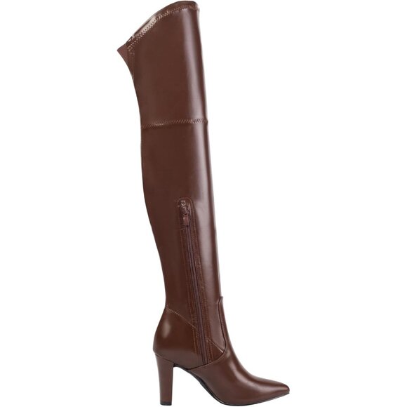 Women Pu Brown Suede Thigh High Over The Knee Chunky Heel Pointed Toe Boots - Picture 2 of 2